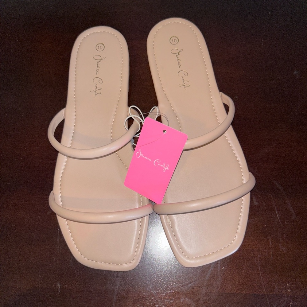 Beige Flat Sandals with Square Toe and Double Straps